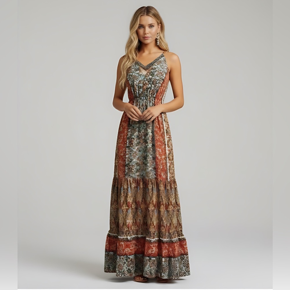 Boho Floral Print Backless Tie Shoulder Ruffle Hem Cami Dress